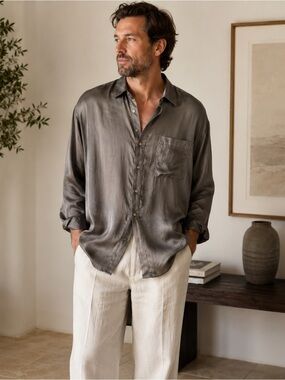 Italy Men’s L 100% Silk Archive Designer Style U2 Shirt Taupe Gray Long Sleeve